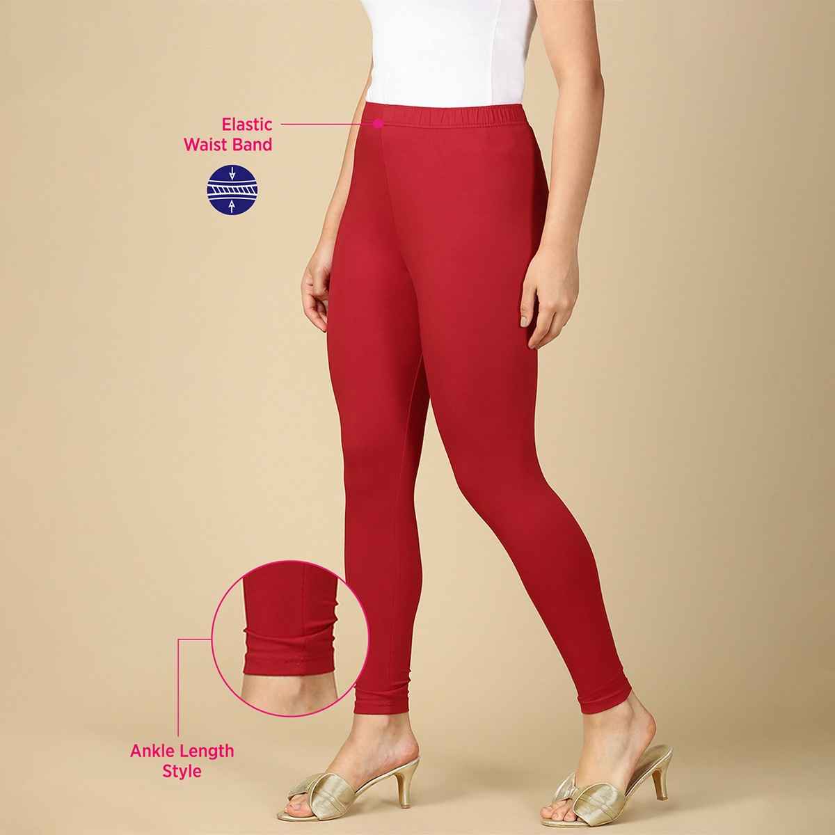 PYNK By Lux Cozi Flexi-Fit 360 Stretch Ankle Length Premium Cotton Leggings | Red|Free Size