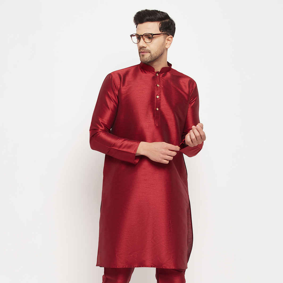 Vastramay Men's Silk Blend Kurta | Maroon - XL