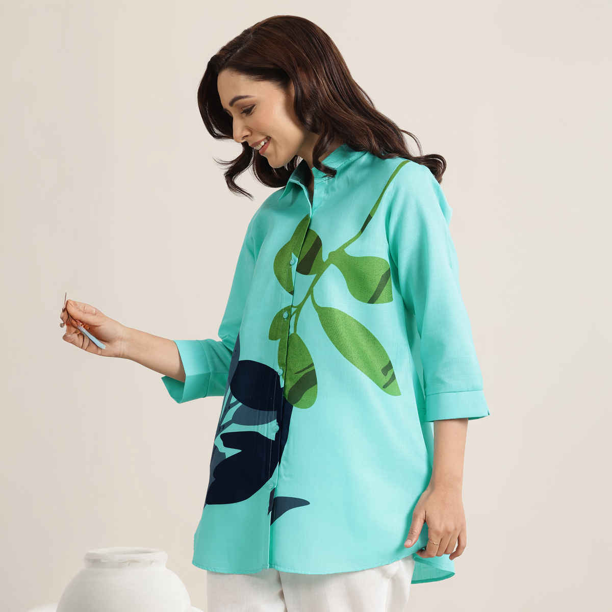 Libas Women's Printed Cotton Blend Straight Short Kurti | Blue - S