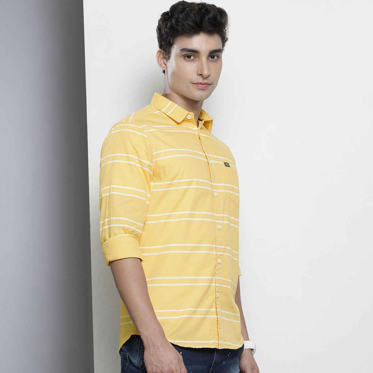 The Indian Garage Co Men's Slim Fit Striped Casual Shirt | Yellow - S