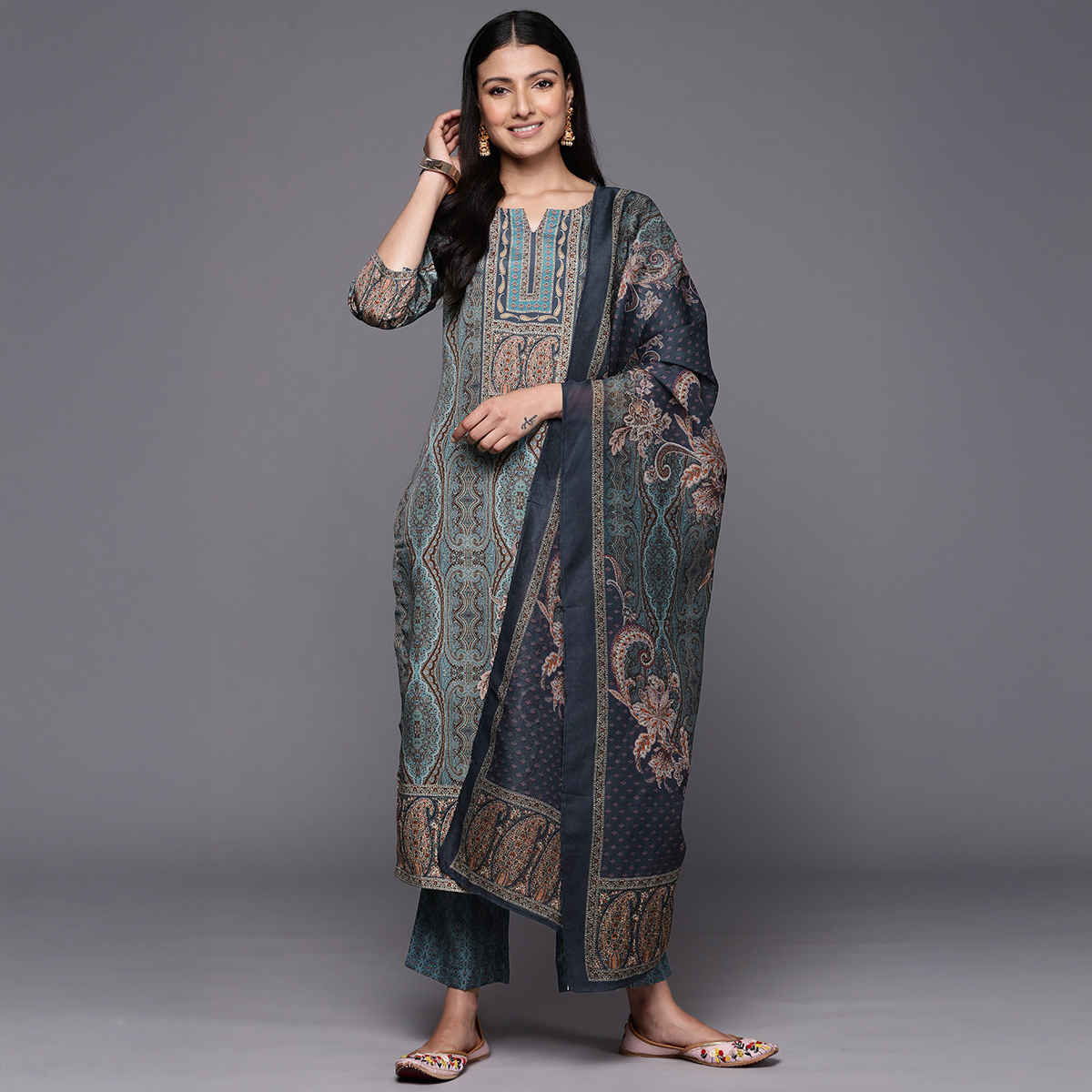Libas Printed Crepe Straight Kurta With Trousers & Dupatta | 34211R | Blue - M