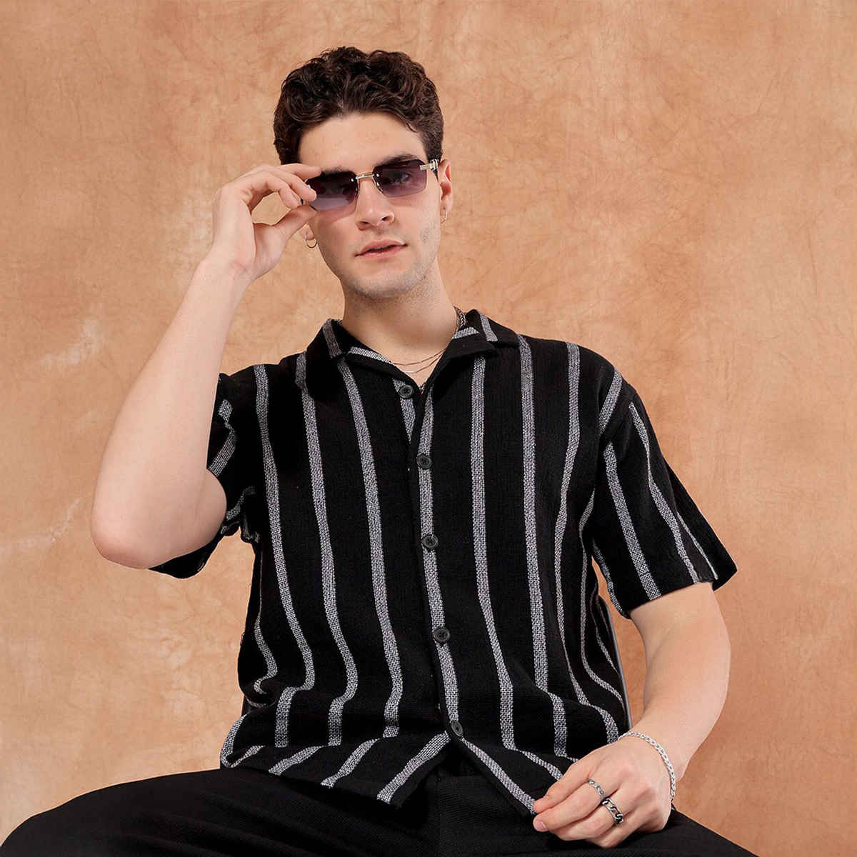 The Indian Garage Co Men's Relaxed Fit Striped Resort Half Sleeve Shirt | Black - M