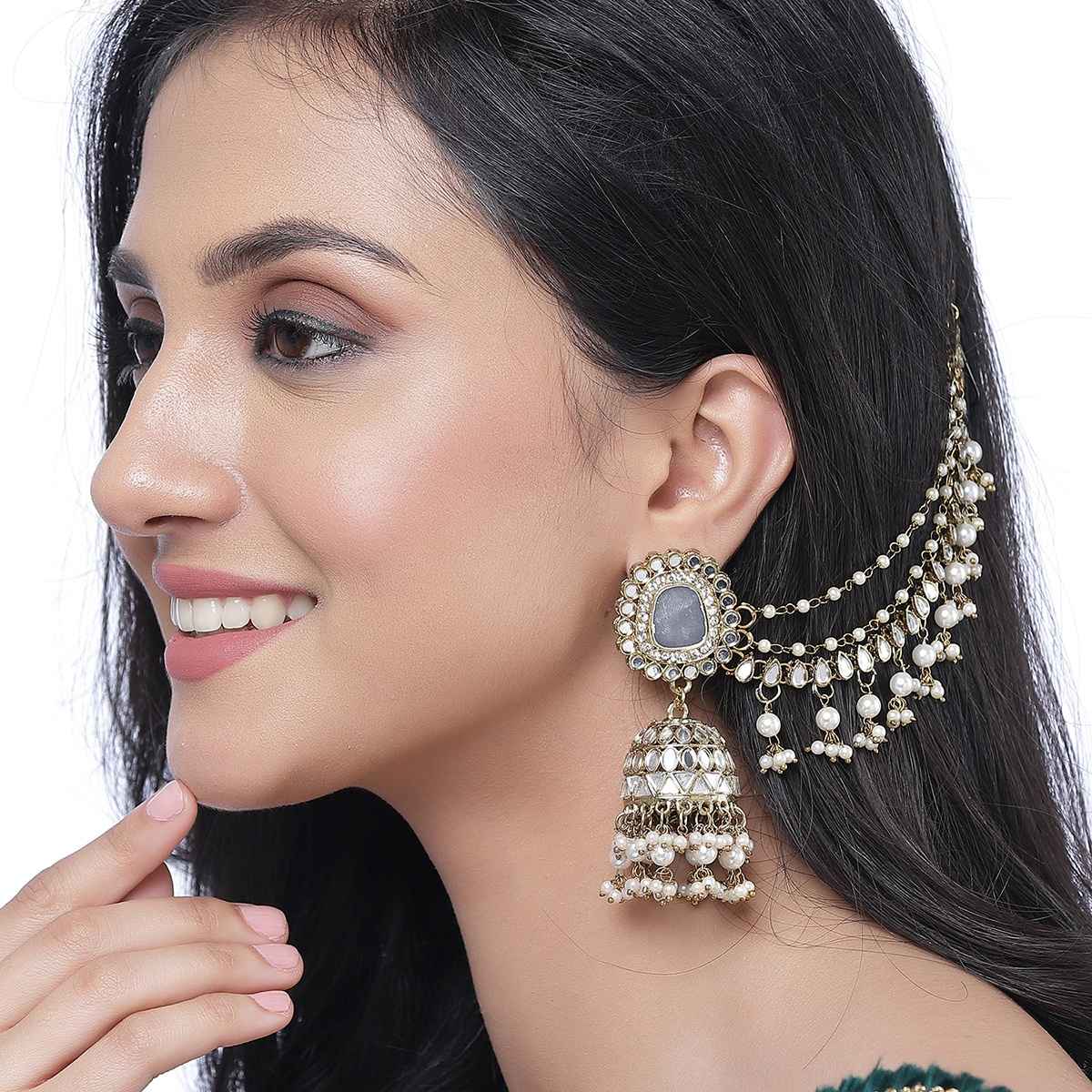 Zeneme Stylish Gold Plated Polki & Pearl Bahubali Jhumki Earrings Jewellery For Women & Girls