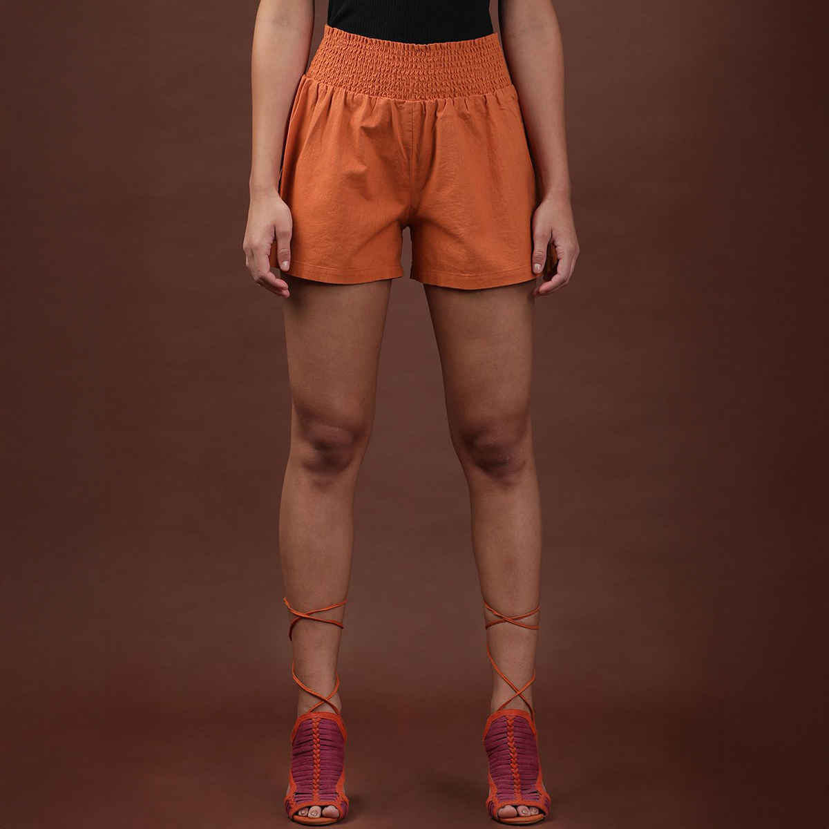 Freehand Women's Casual Flared Solid Smocked Shorts | 0522-Linsho07-02 | Apricot Orange - 32