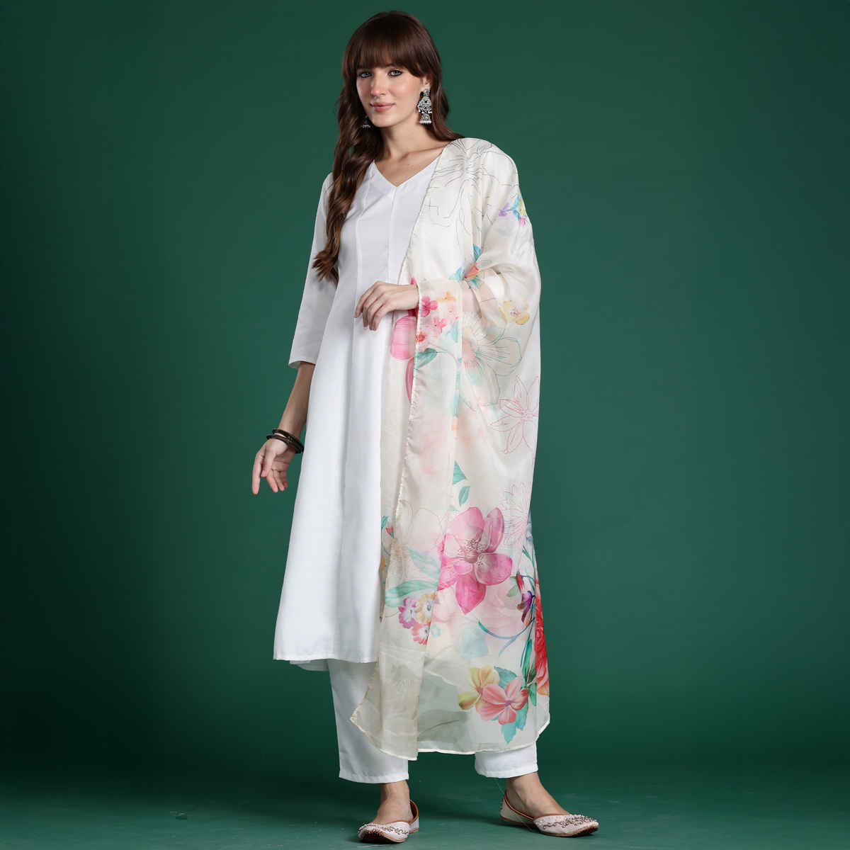 INDO ERA Women's Solid Anarkali Kurta Trouser with Dupatta Set | White - L