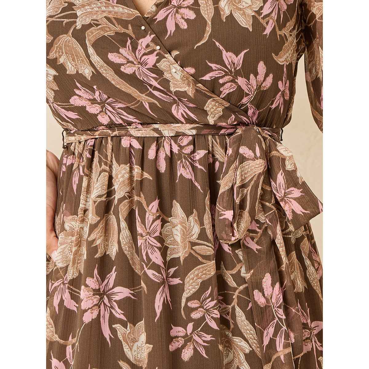 Styli Women's Wrap Maxi Dress with Frill Detail | Brown - M