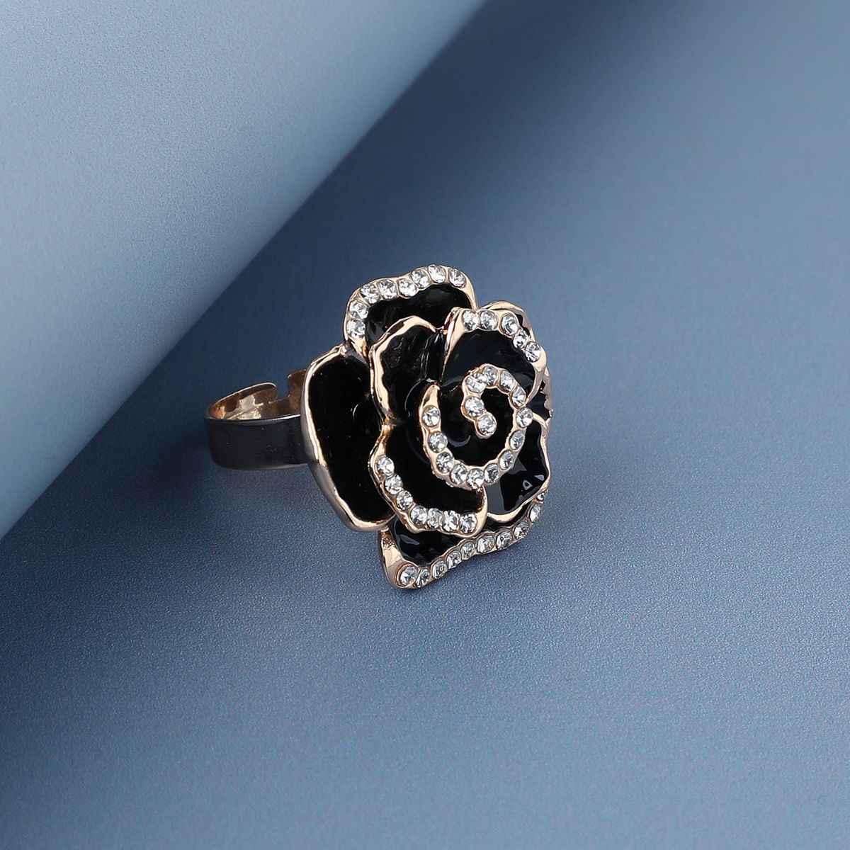 Sohi Gold-Plated Stone Studded Black Rose Shape Finger Ring For Women's