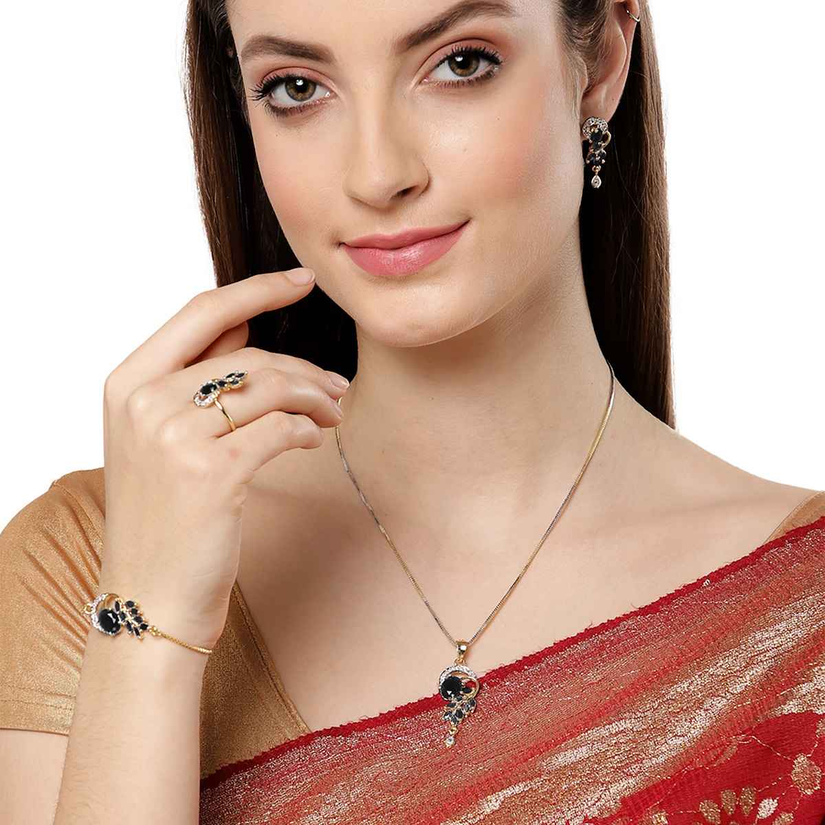 Zeneme Gold-Plated Black Cubic Zirconia Studded Handcrafted Jewellery Set For Girls and Women