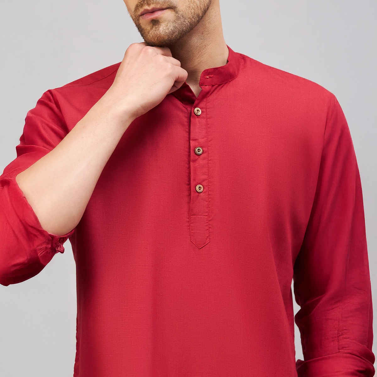 Vastramay Men's Cotton Blend Short Kurta for Eid | Maroon - XL