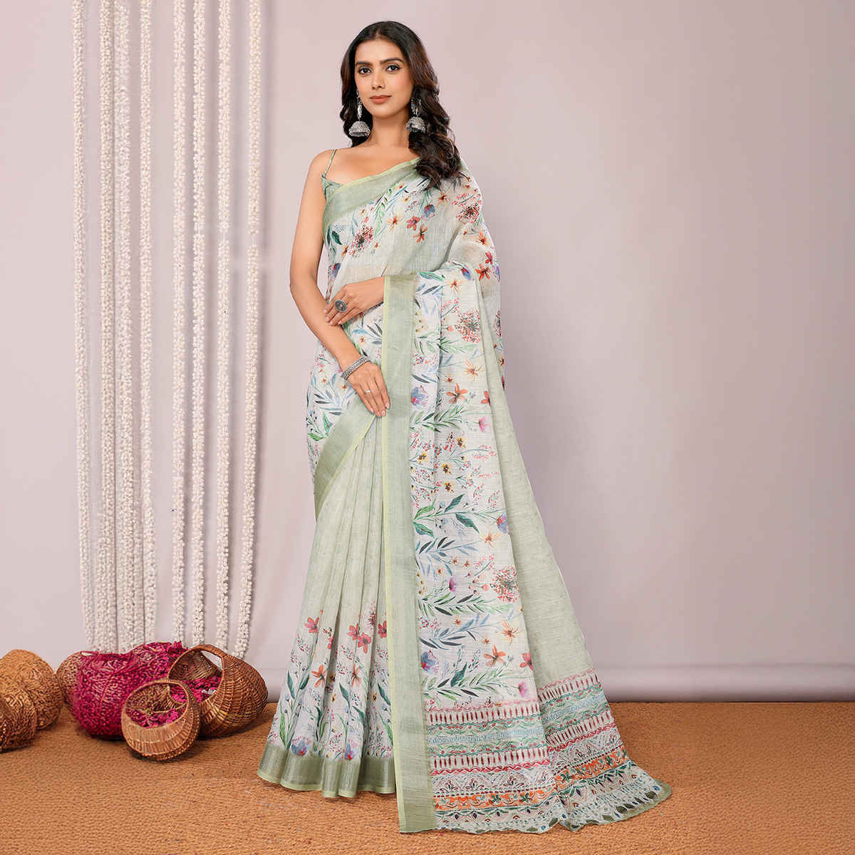 Janasya Women's Cotton Linen Floral Printed Saree with Blouse Piece | SAR447 | Light Green