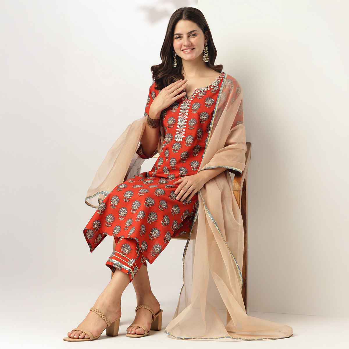 Janasya Women's Pure Cotton Floral Printed Yoke Embroidered Straight Kurta Set | Red - L