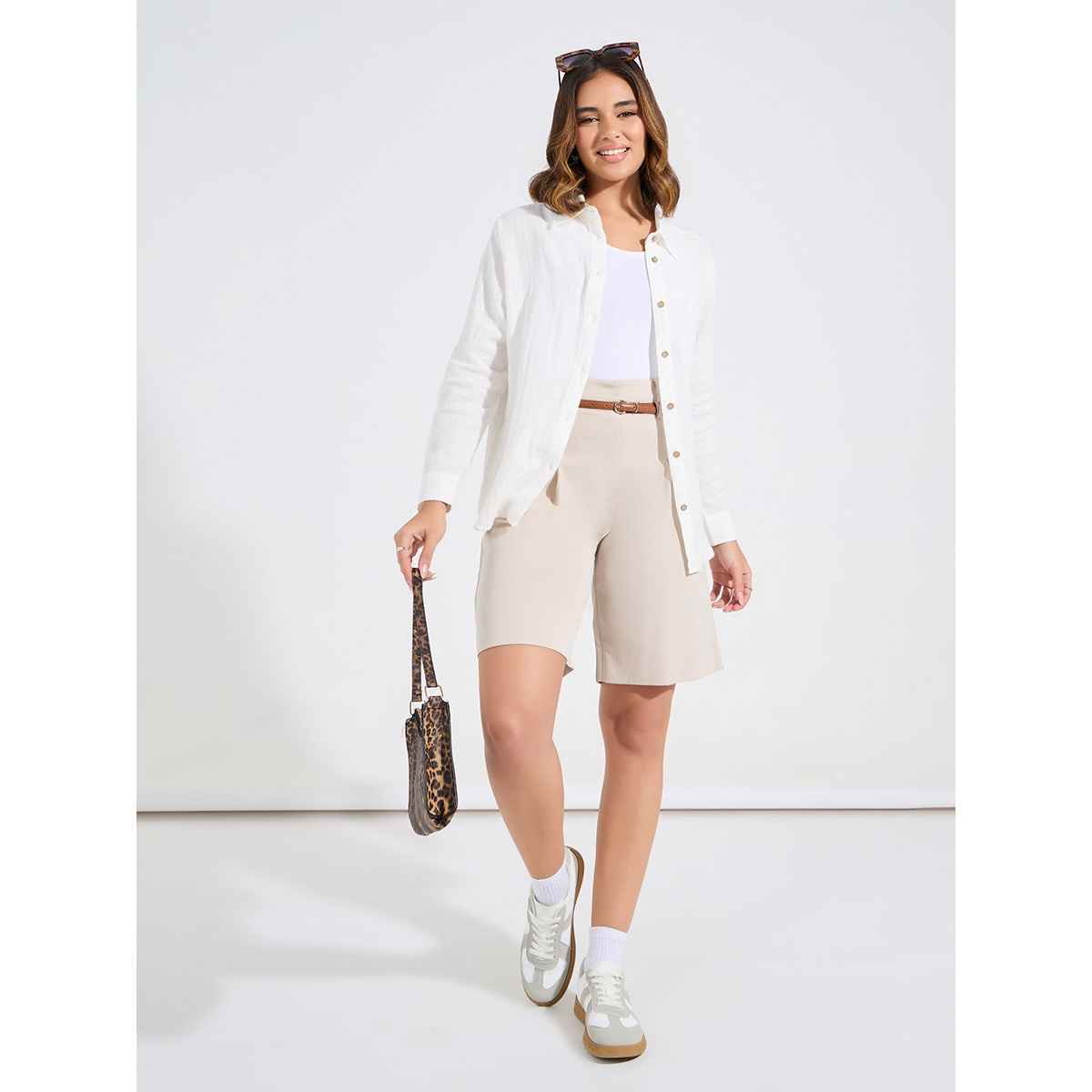 Styli Women's Longline Oversized Fit Shirt with Solid Design | White - M