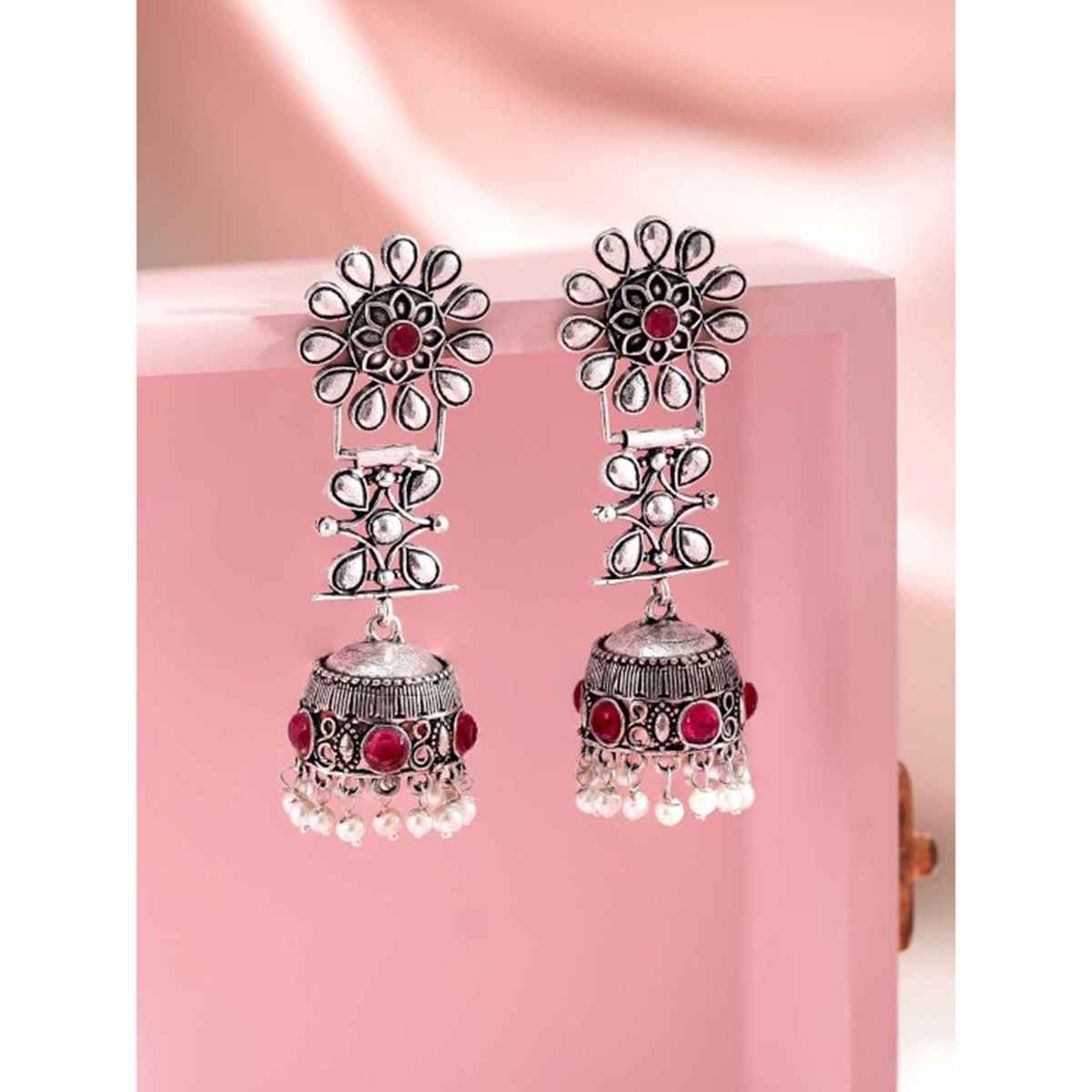 Rubans Oxidised Silver-Plated Jhumka Earrings with Ruby Red Stones and White Pearl Beads