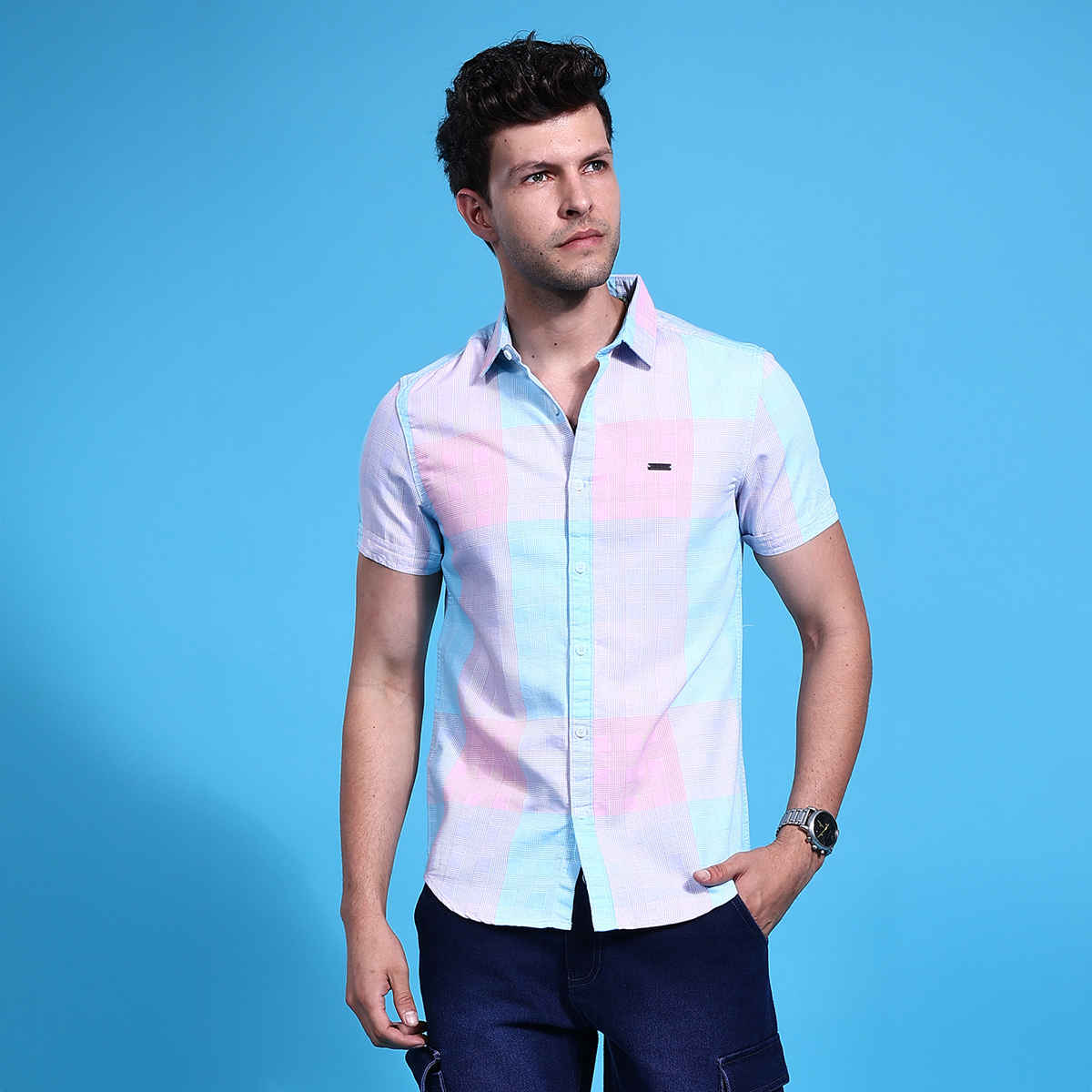 The Indian Garage Co Men's Slim Fit Checked Casual Shirt | Blue & Pink - XL