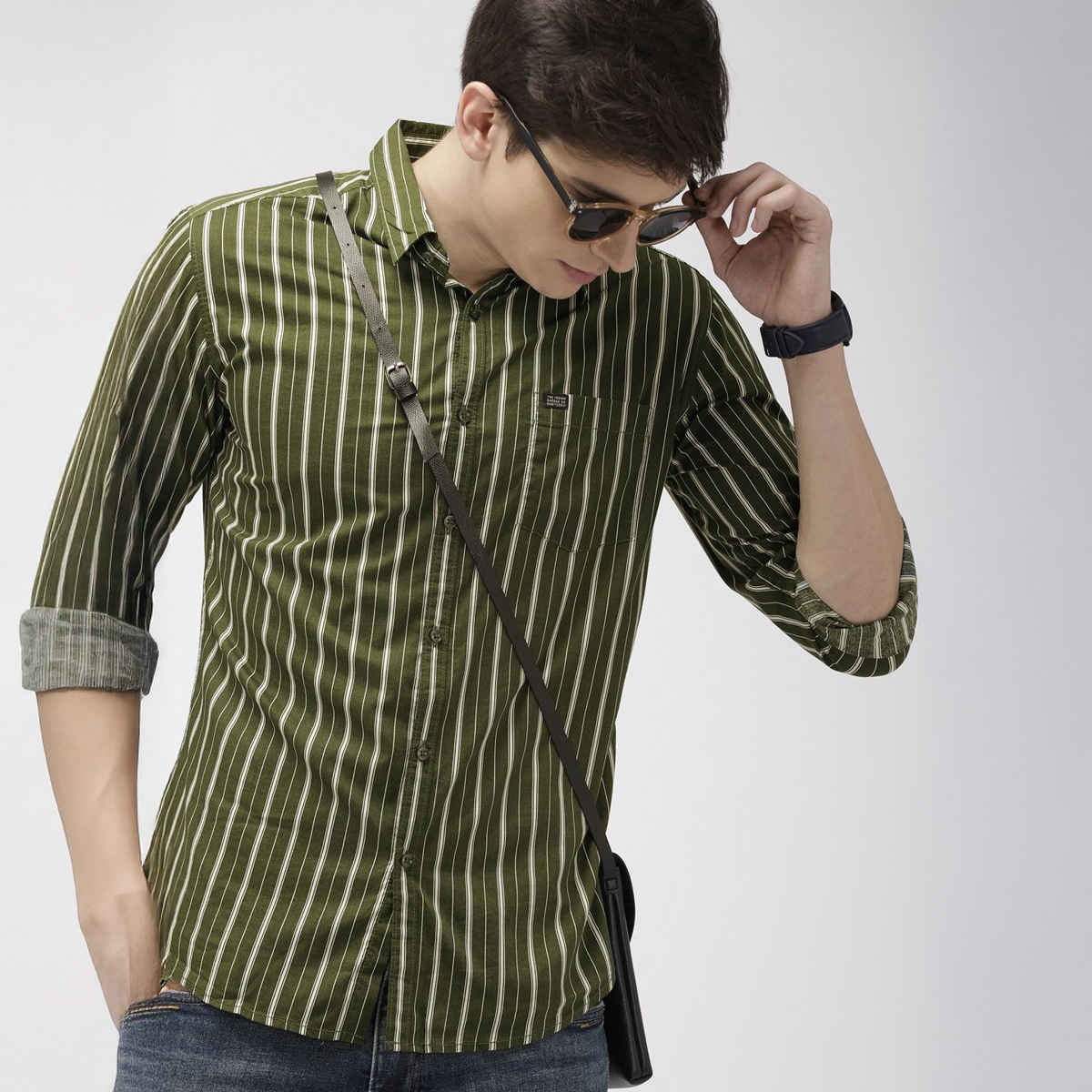 The Indian Garage Co Men's Slim Fit Multi Stripes Casual Shirt | Olive - M