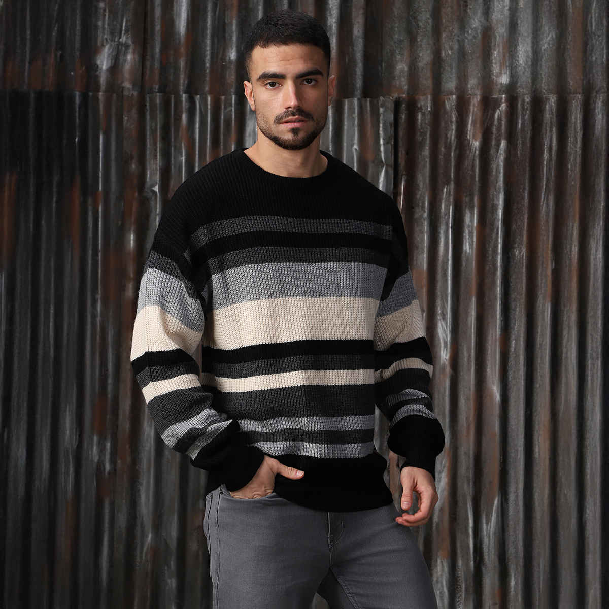 High Star Men's Striped Round Neck Pullover | Multicolour - S