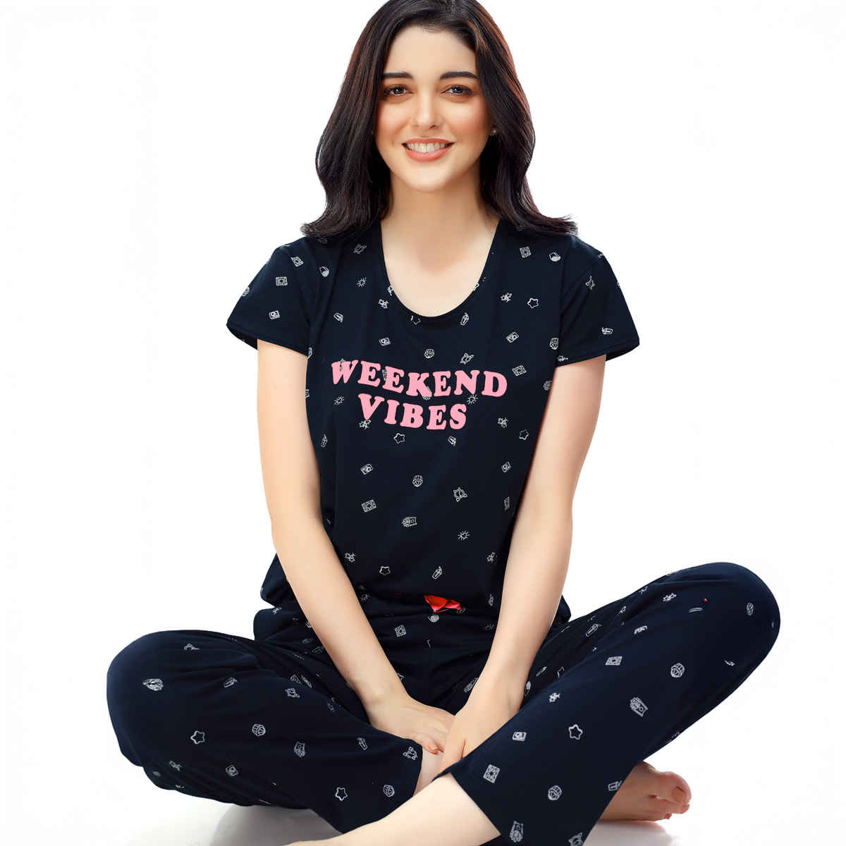 Zeyo Women's Cotton Printed Navy Blue Night Suit Set of Top & Pyjama | 5304-M