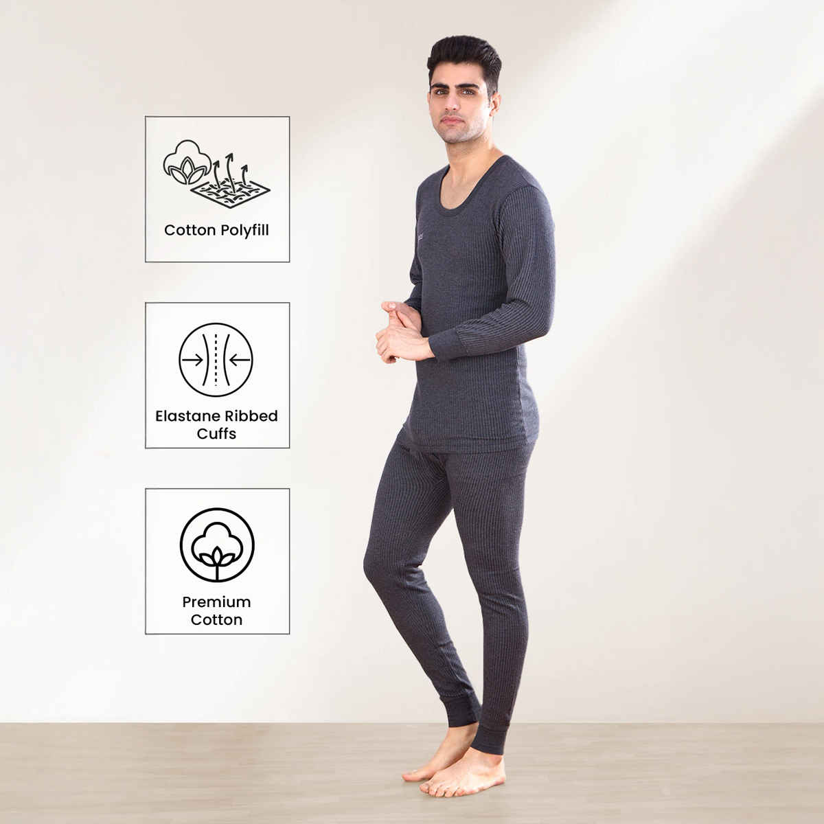 Lux Inferno Round Neck Full Sleeve Thermal Top For Men - Charcoal - 80 | Size - S