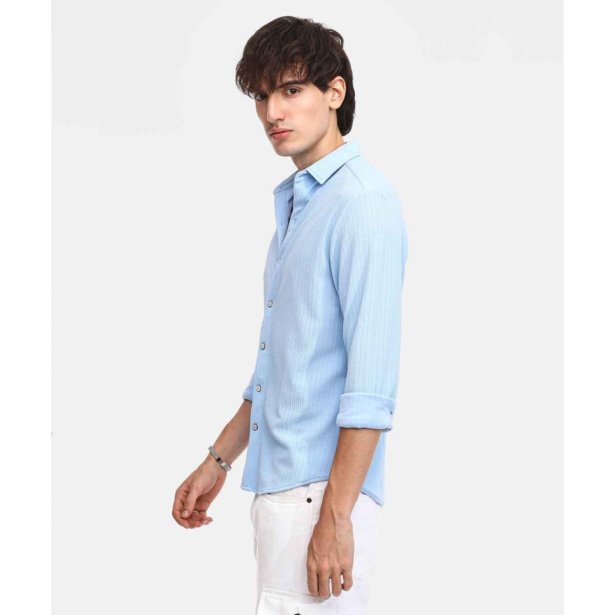 Campus Sutra Men's Stripe - Creased Shirt | Baby Blue - M