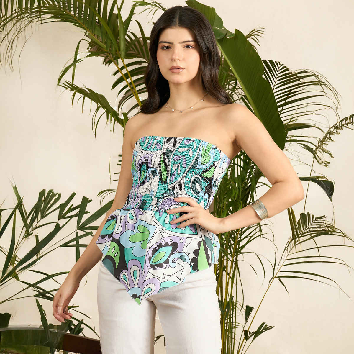 Uptownie Women's Smocked Bandeau Asymmetrical Top | Green - L