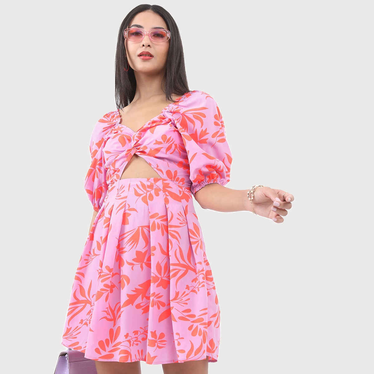 Ketch Women's Floral Printed Twisted Cut-Out A-Line Dress | Purple - M