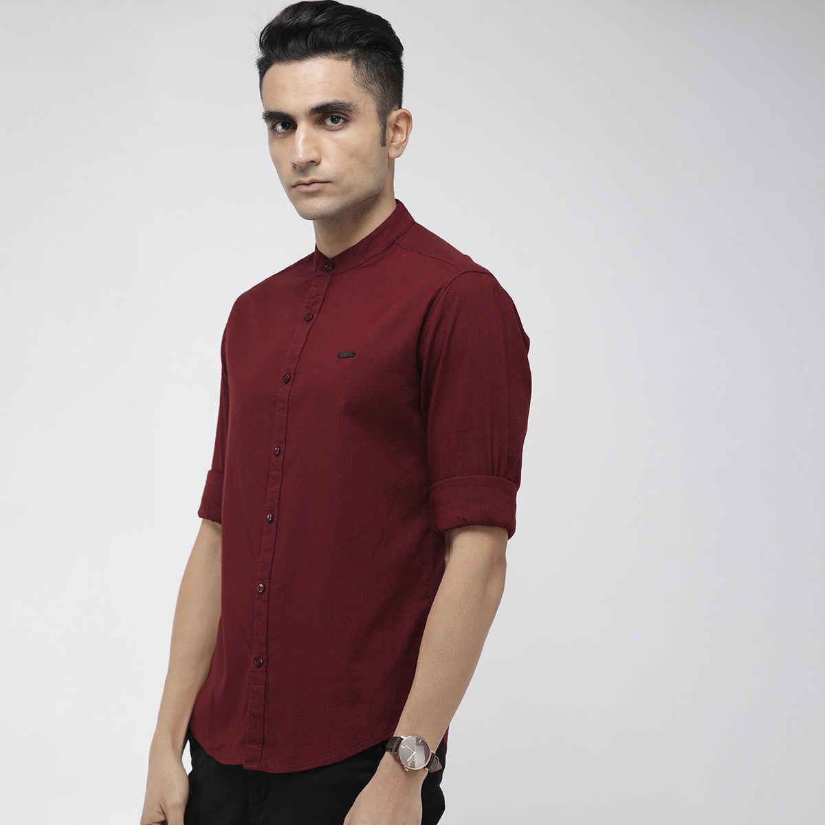 The Indian Garage Co Men's Slim Fit Solid Casual Half Sleeve Shirt | Maroon - M