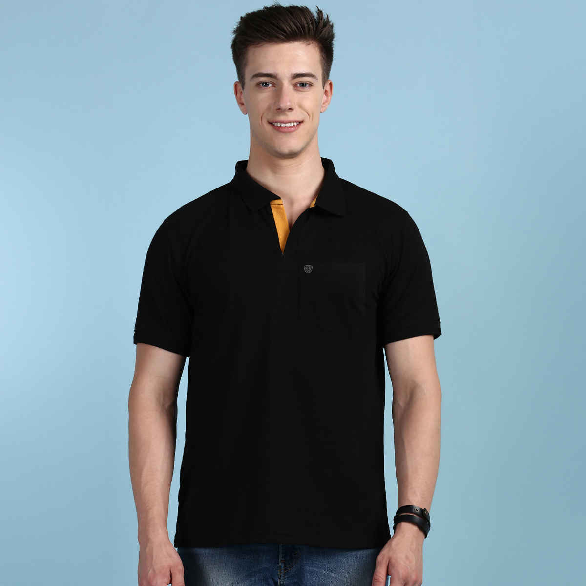 Lux Cozi Men's Solid Cotton Polo T-shirt with Pocket | Black - M