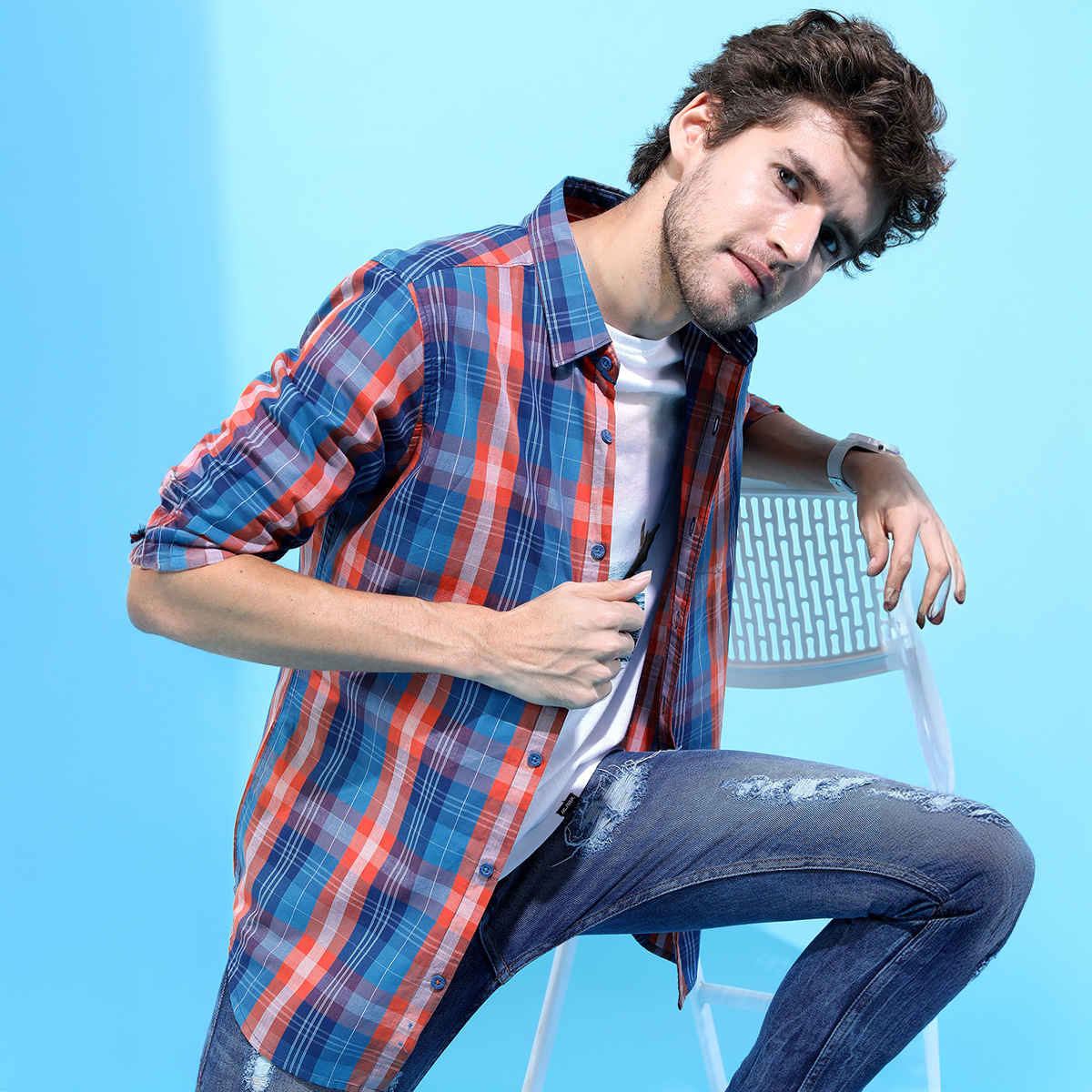 HIGHLANDER Men's Slim Fit Checked Casual Shirt | Blue and Orange - M