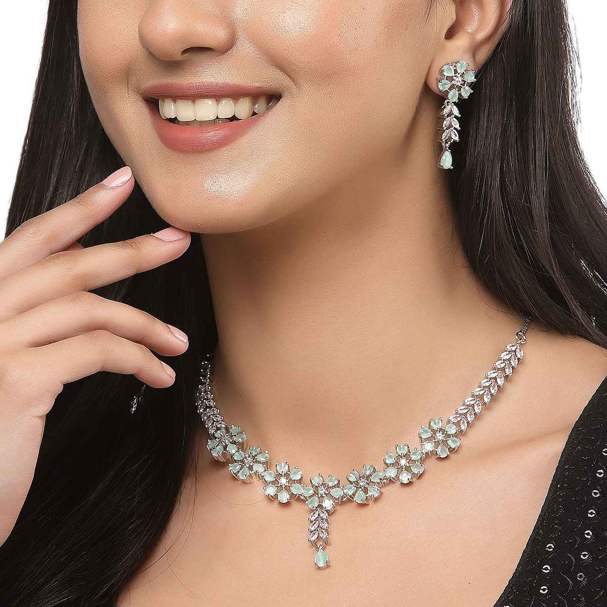 Zeneme Rhodium-Plated Sea Green American Diamond Necklace Earrings Jewellery Set for Women & Girl