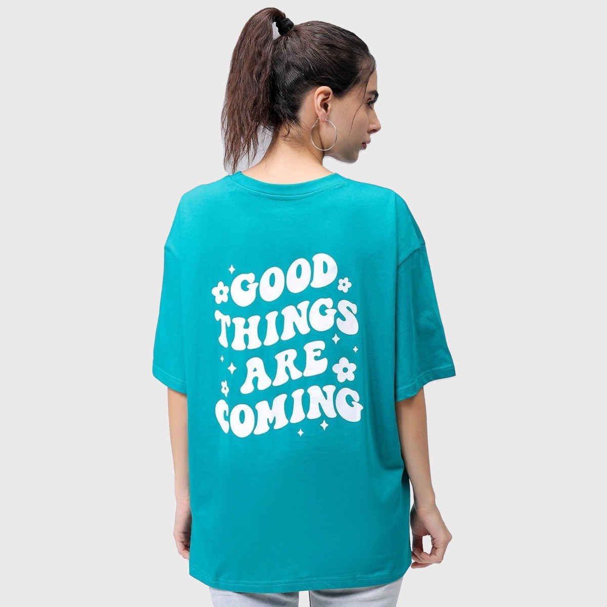 Freehand Women's Regular Typographic Oversized T-shirt | 0424-Zfhostee3A-04 | Teal Green - S