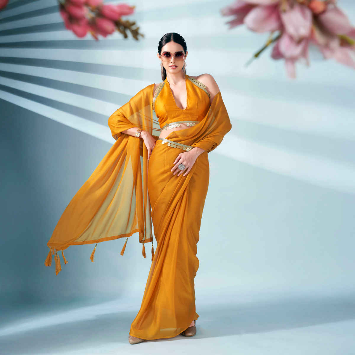 Tikhi Imli Women's Zari Weaving Satin Saree With Unstitched Blouse | Mustard