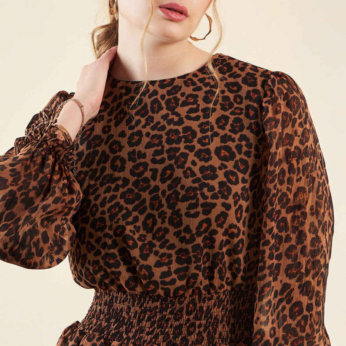 Freehand Women's Fit and Flared Animal Party Round Neck Dress | Brown - S