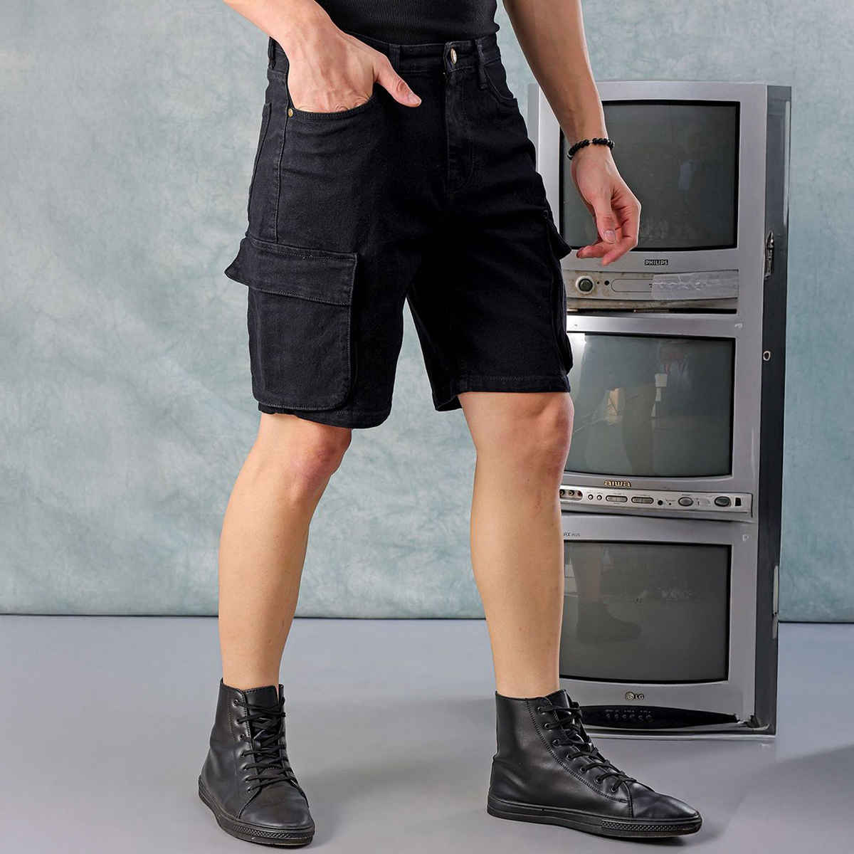 The Indian Garage Co Men's Regular Fit Solid Casual Shorts | Black - 32