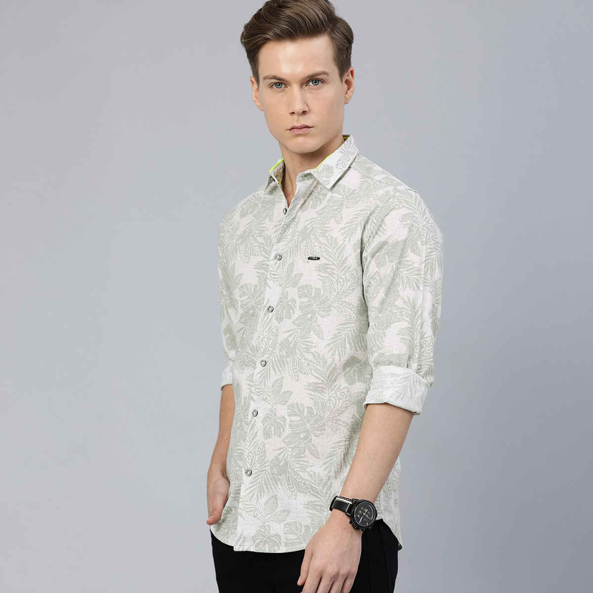 The Indian Garage Co Men's Slim Fit Tropical Casual Shirt | Grey - L