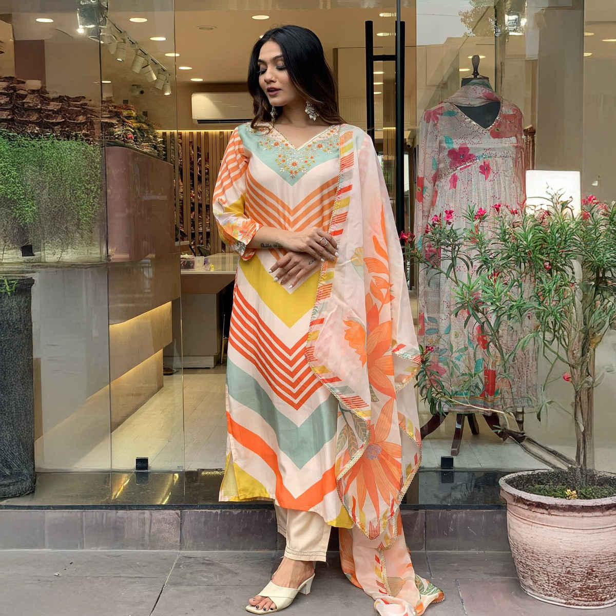 GoSriKi Women's Viscose Rayon Straight Printed Kurta with Pant & Dupatta | Cream - L