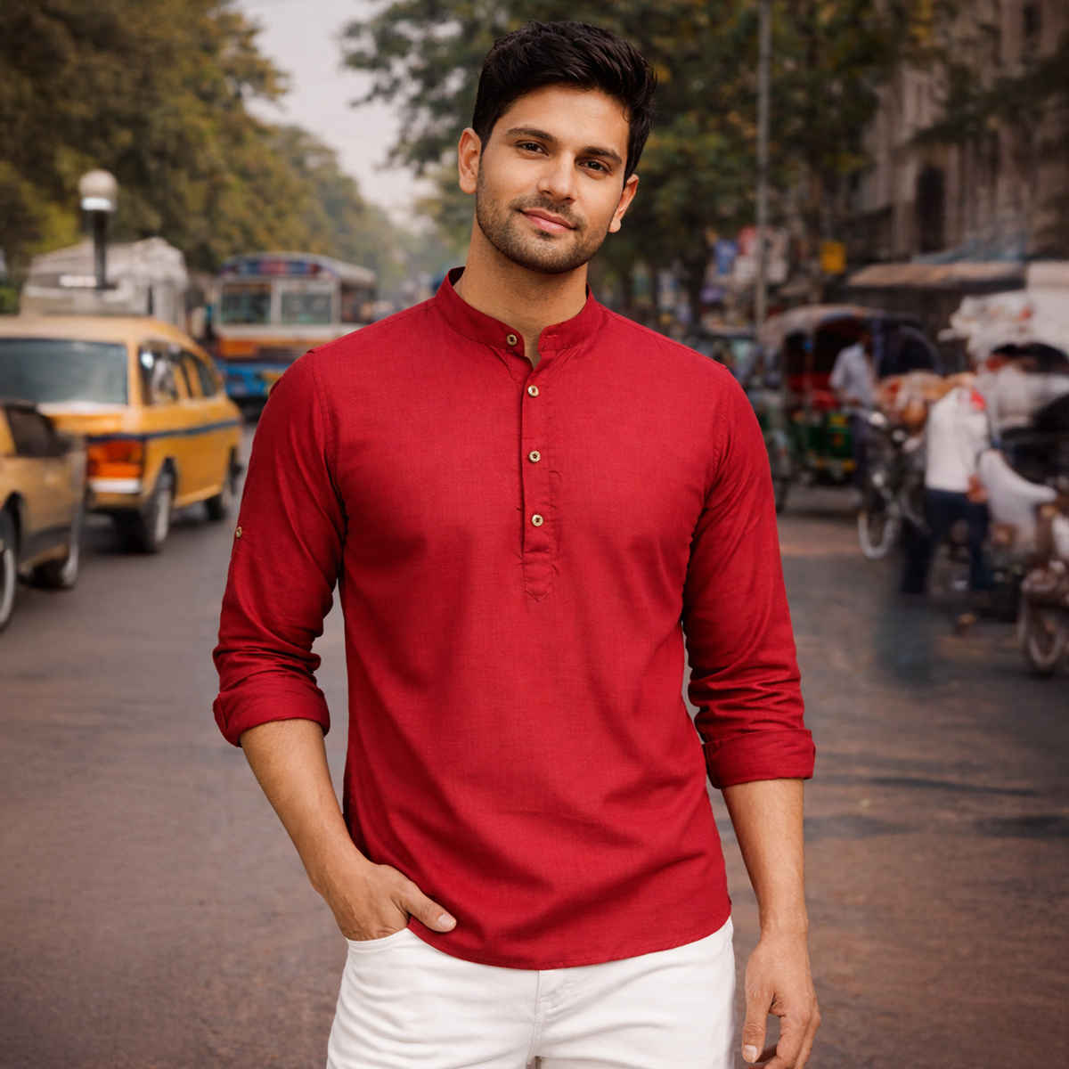 Vastramay Men's Cotton Blend Short Kurta for Eid | Maroon - XL