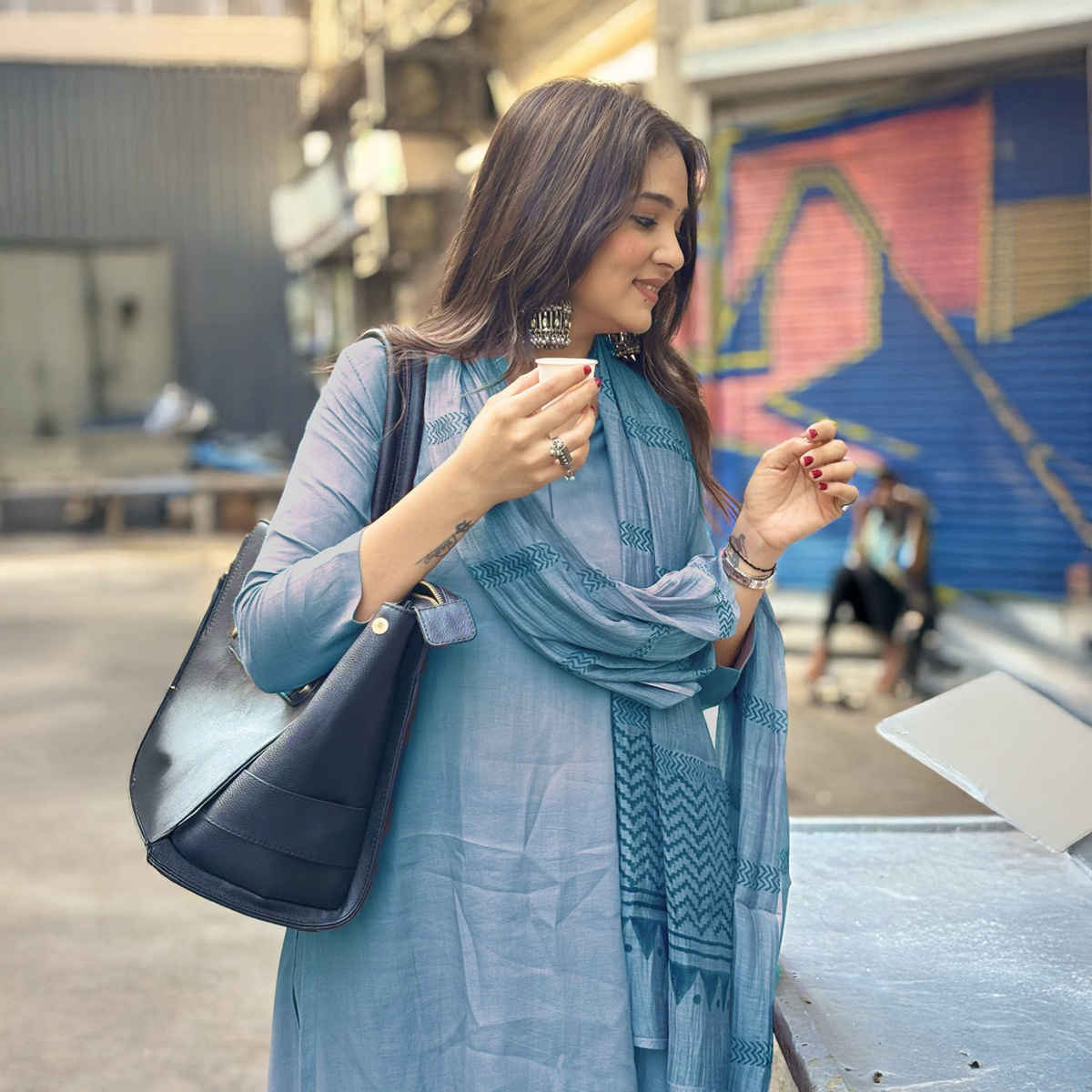 GoSriKi Women's Viscose Rayon Straight Solid Kurta with Pant & Dupatta | RAJA SAAB | Blue - L