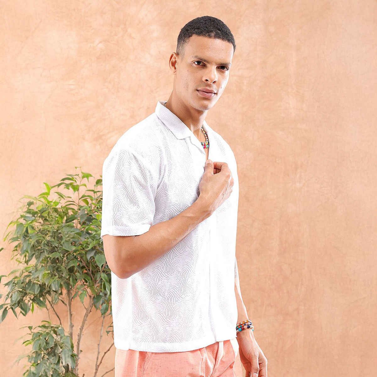 The Indian Garage Co Men's Relaxed Fit Solid Resort Half Sleeve Shirt | White - XL