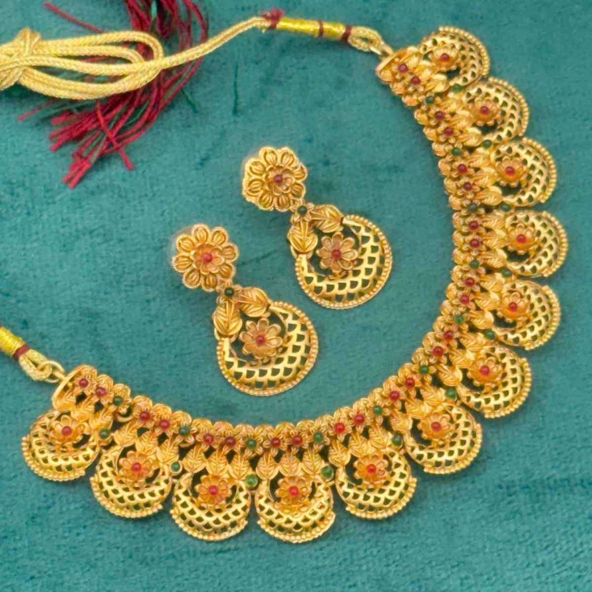 The Opal Factory Choker Necklace Set Flower, Leaf, Crescent Motifs with Stone Work and Earrings