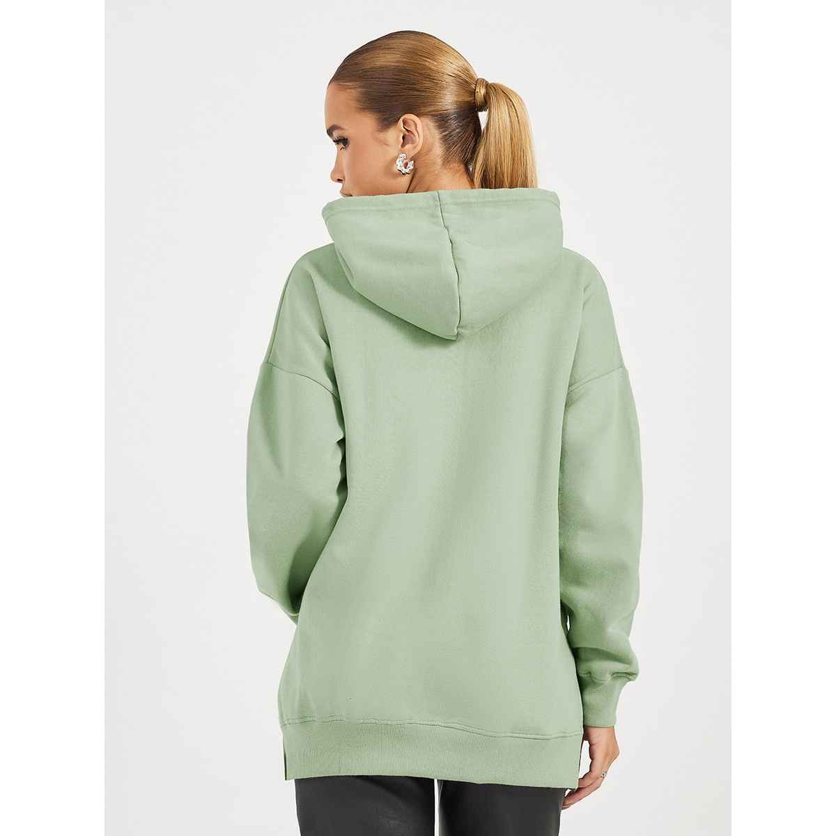 Styli Women Oversized Fit Longline Hoodie With Badge & Side Slits Green | XL