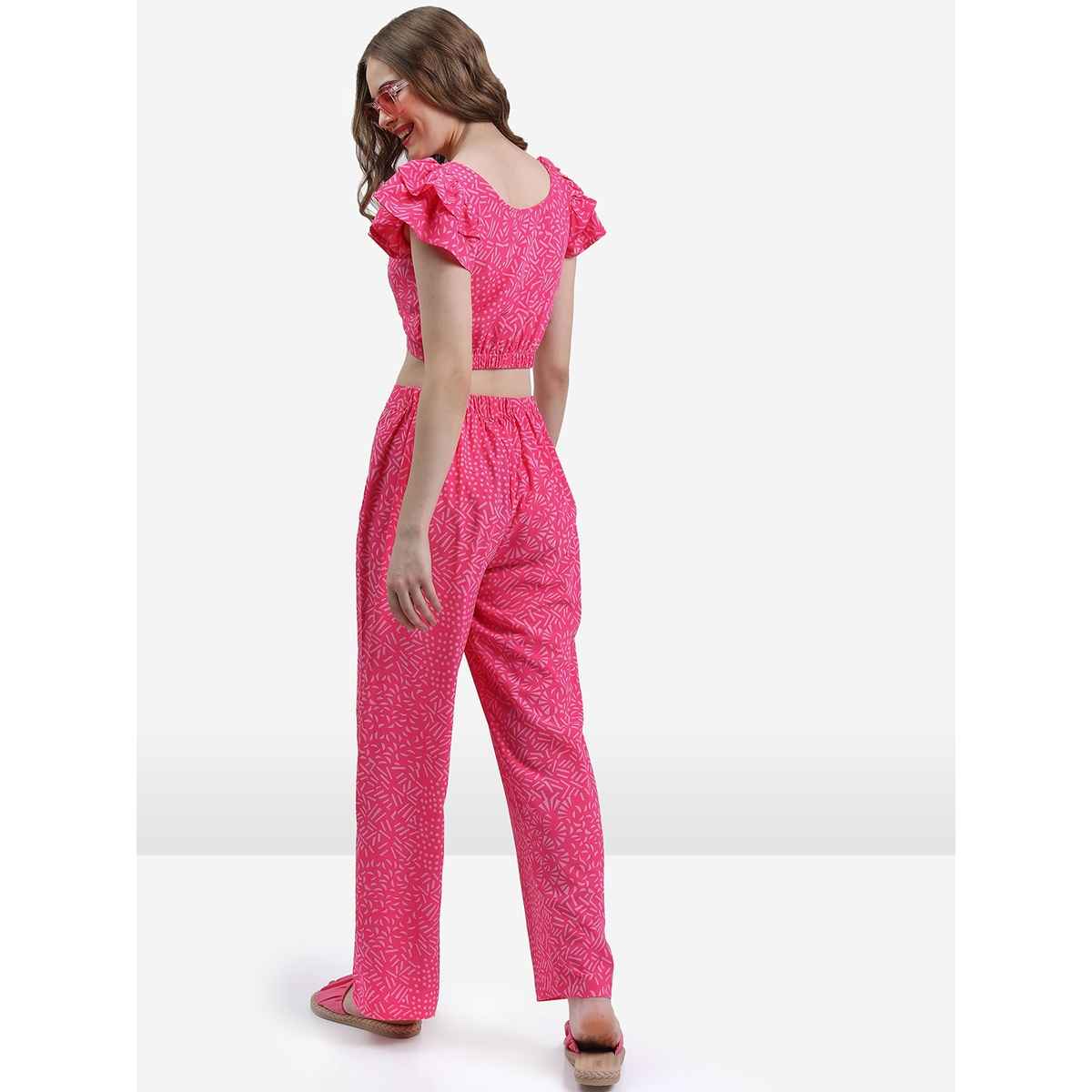 Ketch Women Geometric Printed Crop-Top and Trousers Co-ords | Pink | M