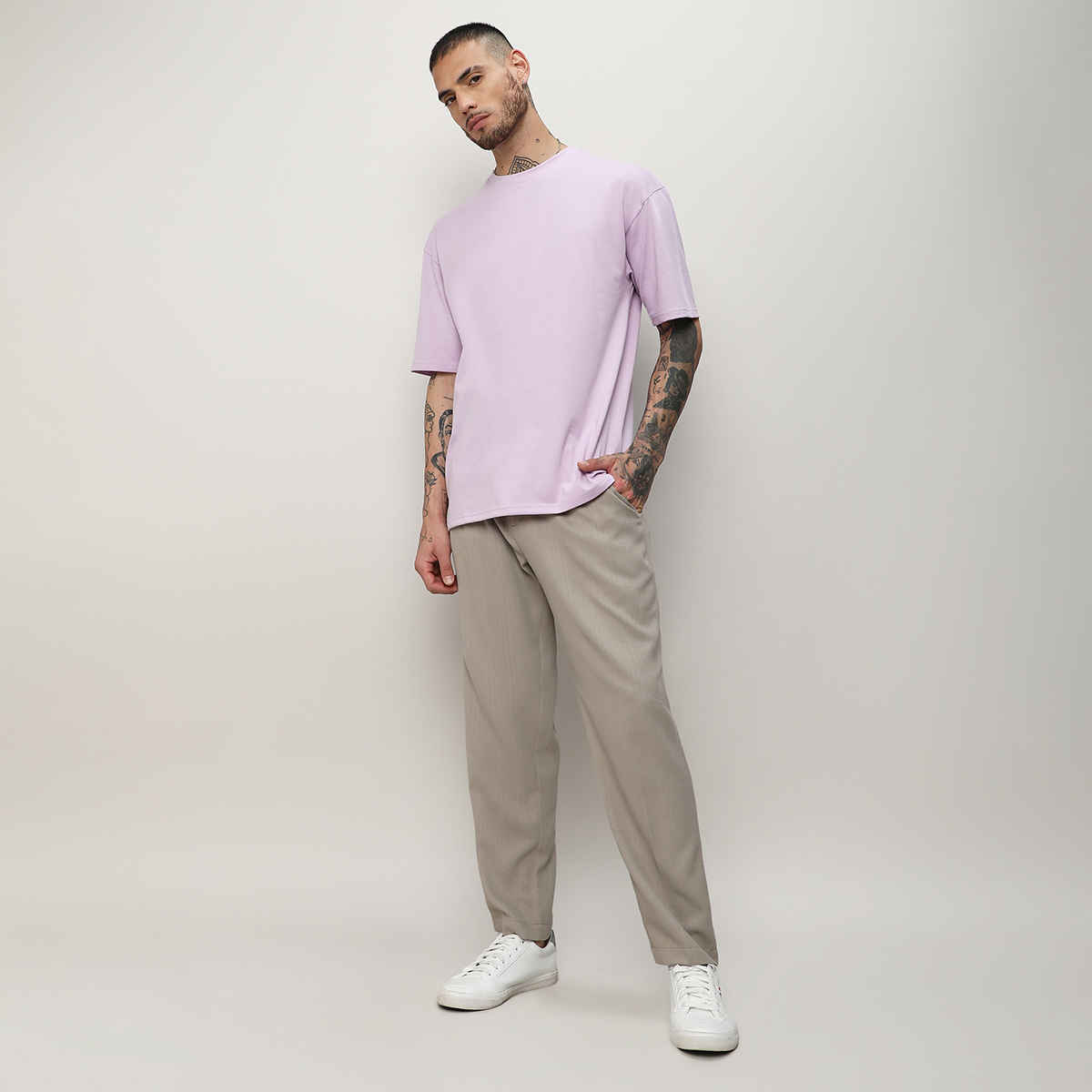 Campus Sutra Men's Solid Tailored Trousers | Grey Beige - 34