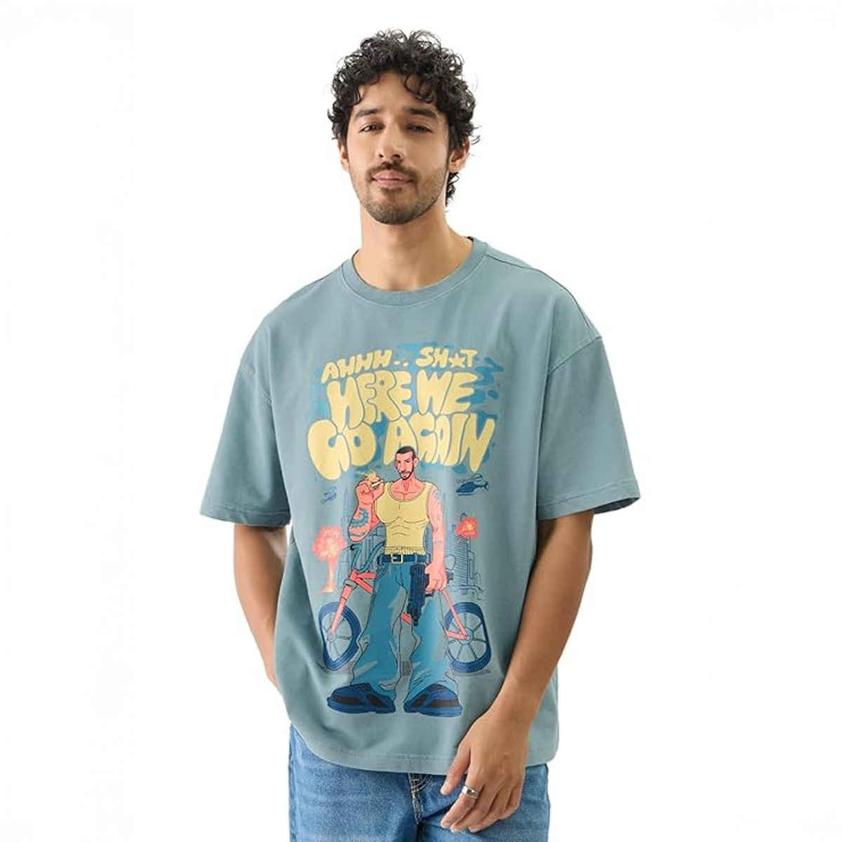 The Souled Store Men's Tss Originals- Here We Go Again Oversized T-Shirts, Green, XL