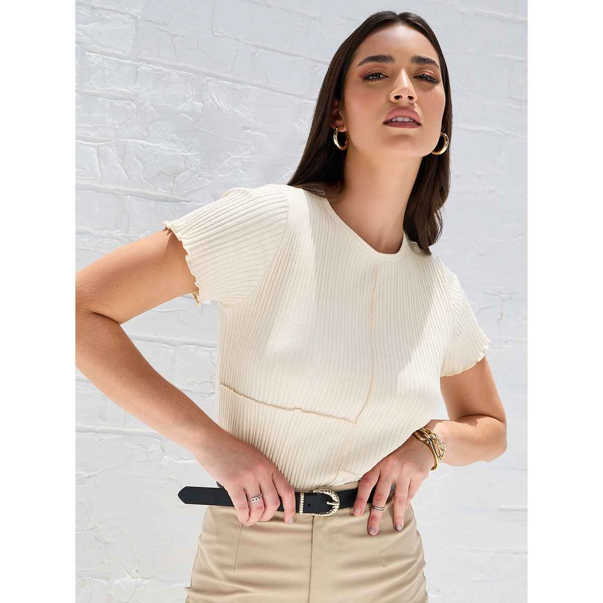 Styli Women's Regular Fit Ribbed T-shirt with Exposed Seam Detail | Beige - XL