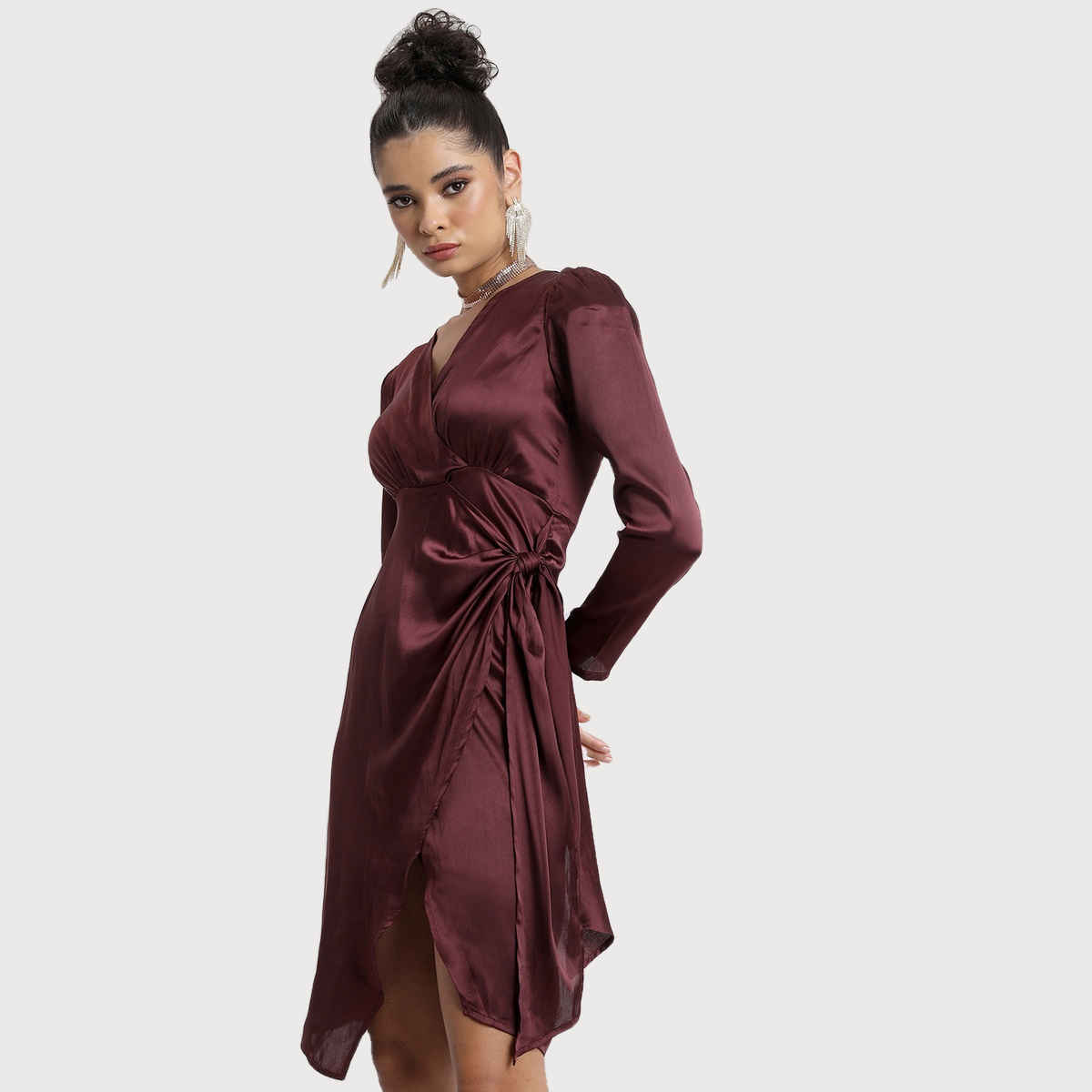 Ketch Women's V-Neck Tie-Up Wrap Dress | Brown - S