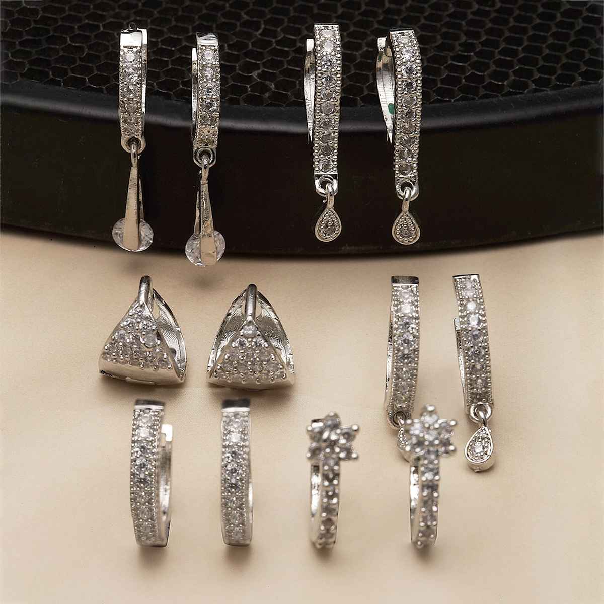 Zeneme Pack Of 6 Rhodium-Plated Teardrop Shaped Drop Earrings For Women & Girls