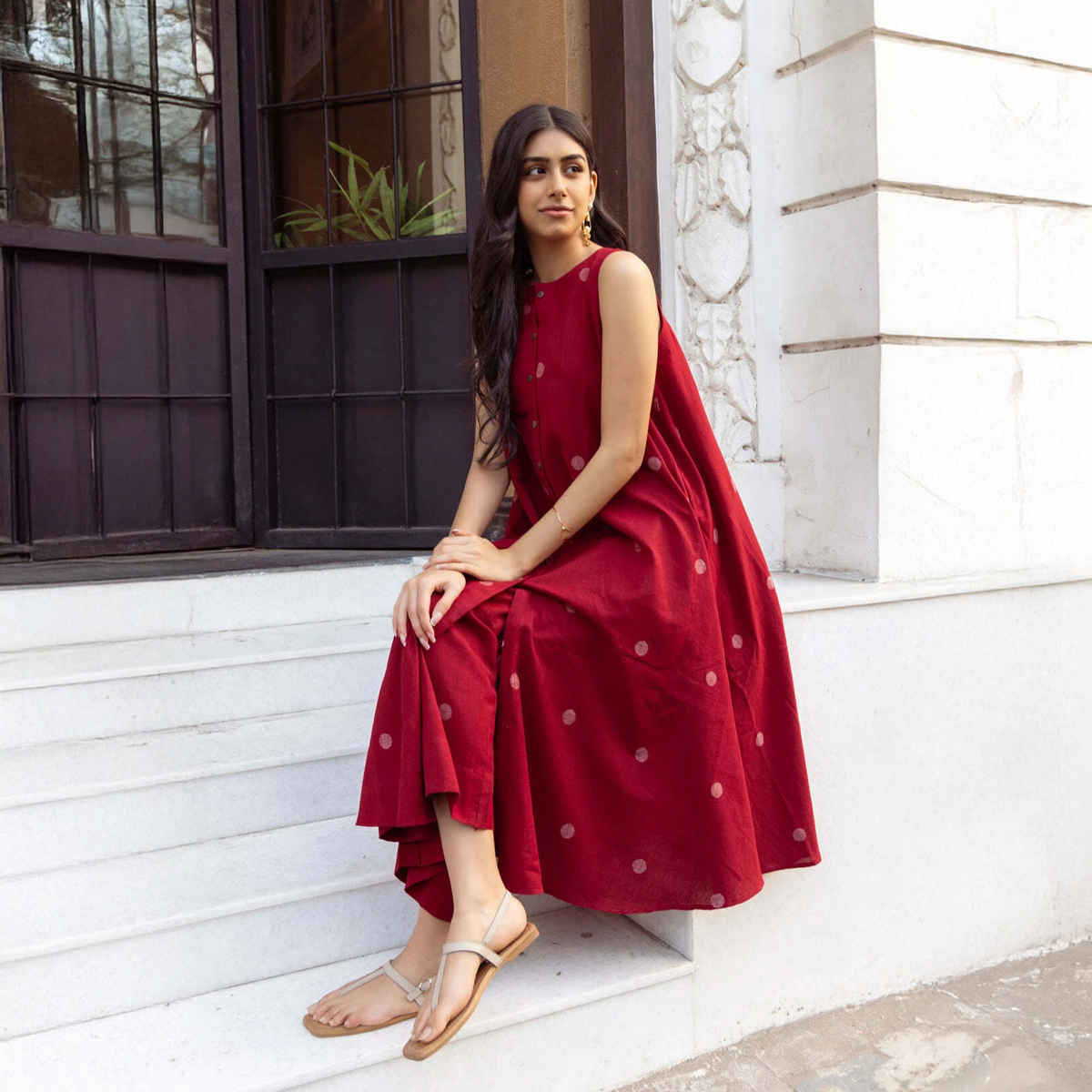 GoSriKi Women's Viscose Rayon Anarkali Polka Print Kurta with Palazzo | Red - L