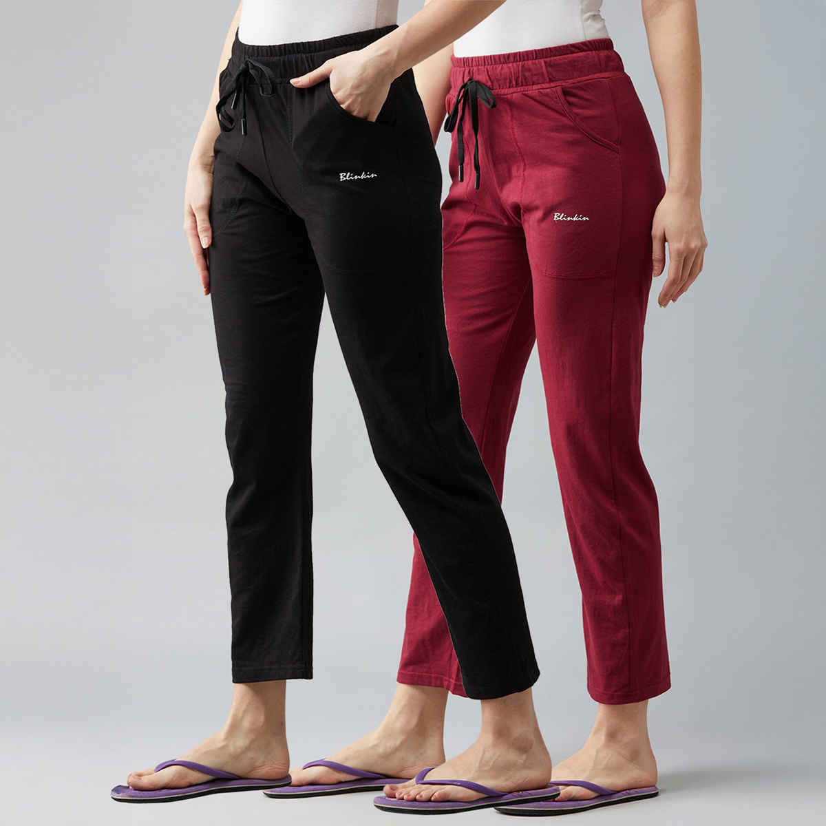 Blinkin Women's Cotton Track Pants With Side Pockets | Black Maroon - 3Xl