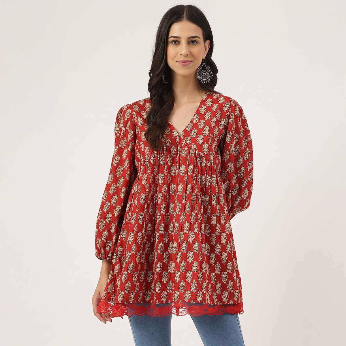 Divena Women's Floral Cotton Pemplum Style Tunic | DK0900 | Red | XL