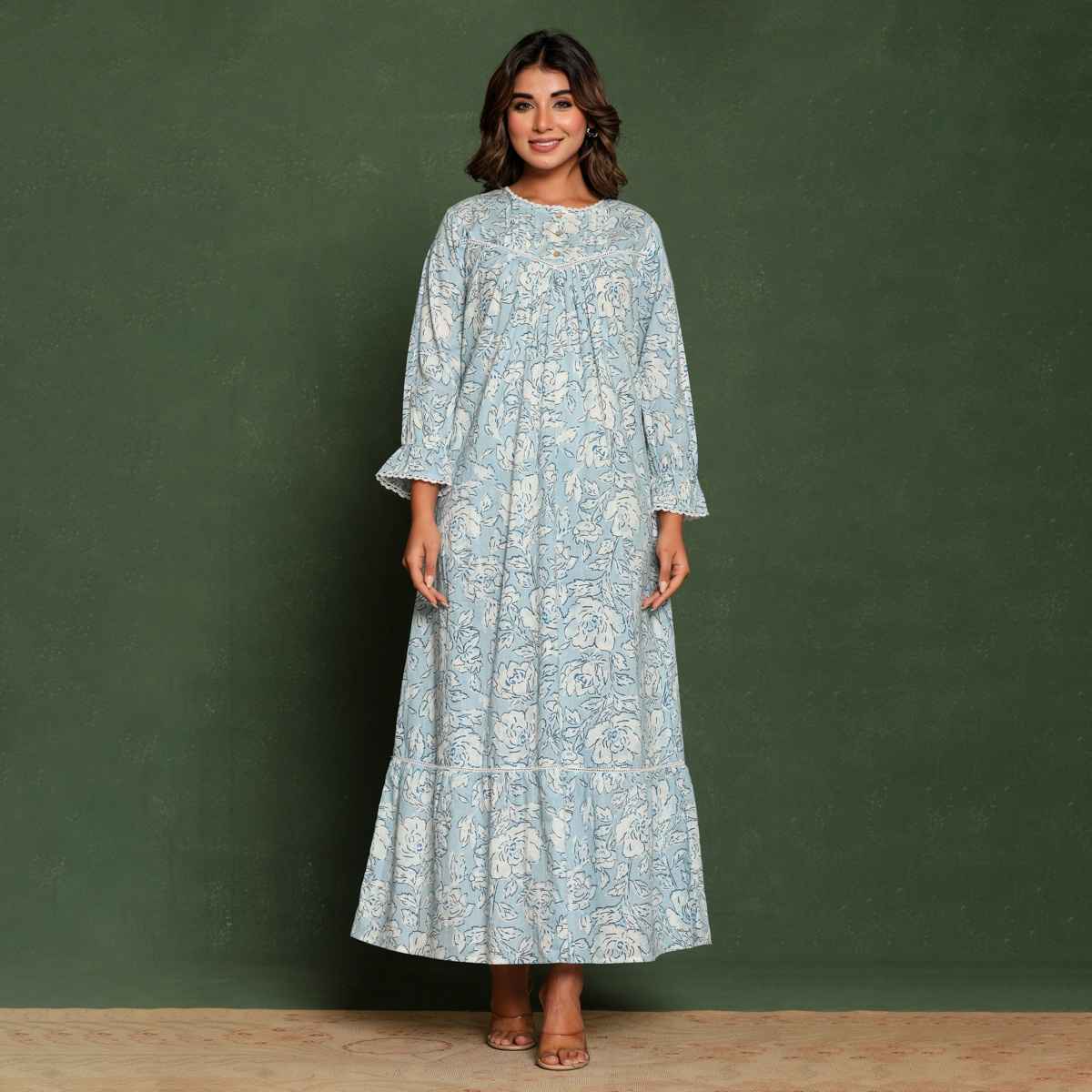 Nihsamah Women's Cotton Premium Printed Frock Nighty | Full Length | Sky Blue - M